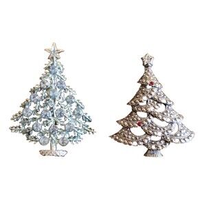 Lot Vintage Beatrix BJ Ice Blue & Avon Red Rhinestones Christmas Tree Brooch Pin